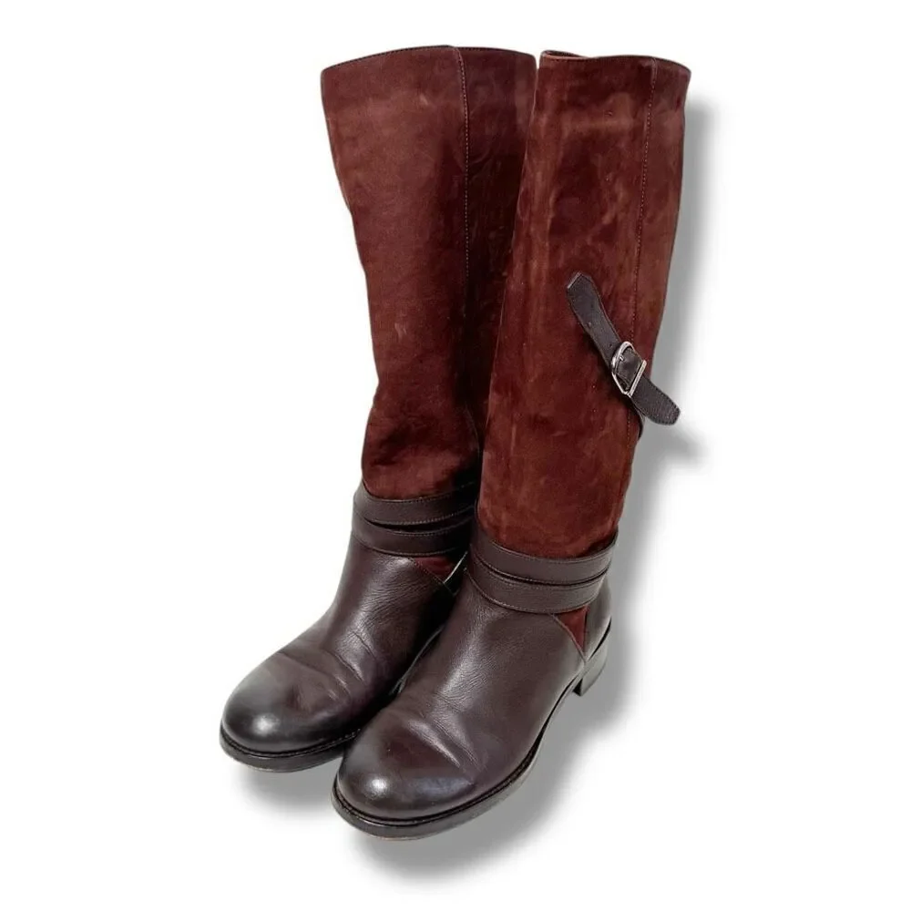 Jimmy Choo DARLA Riding Boots Tall Knee Buckles Flat Brown Leather Suede Size 38